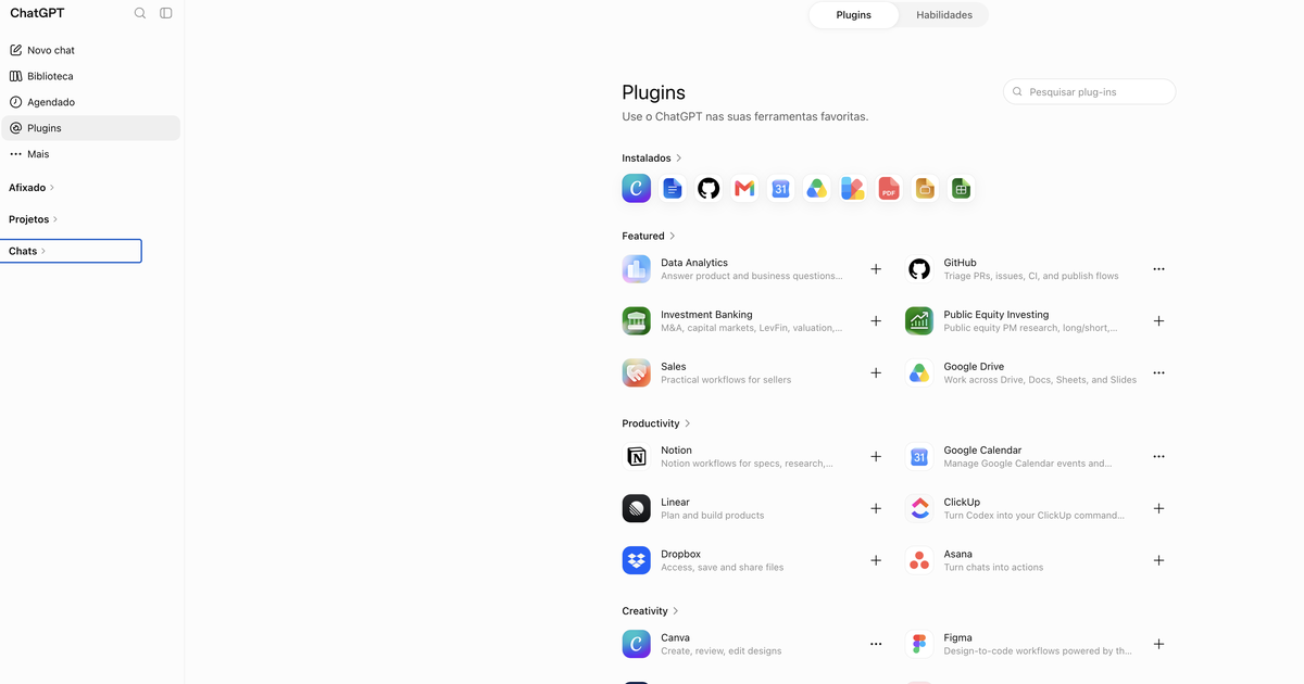 Ecrã de plugins do ChatGPT com as integrações instaladas: Canva, Google Docs, GitHub, Gmail, Google Calendar, Google Drive e outras