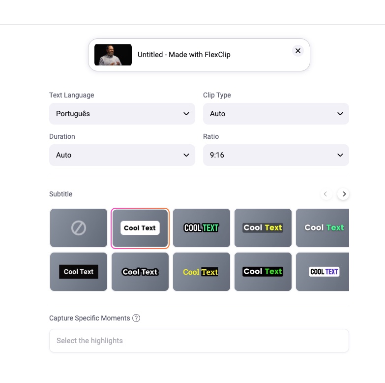 Ferramenta de shorts do FlexClip configurada para português, formato 9:16 e seleção de highlights
