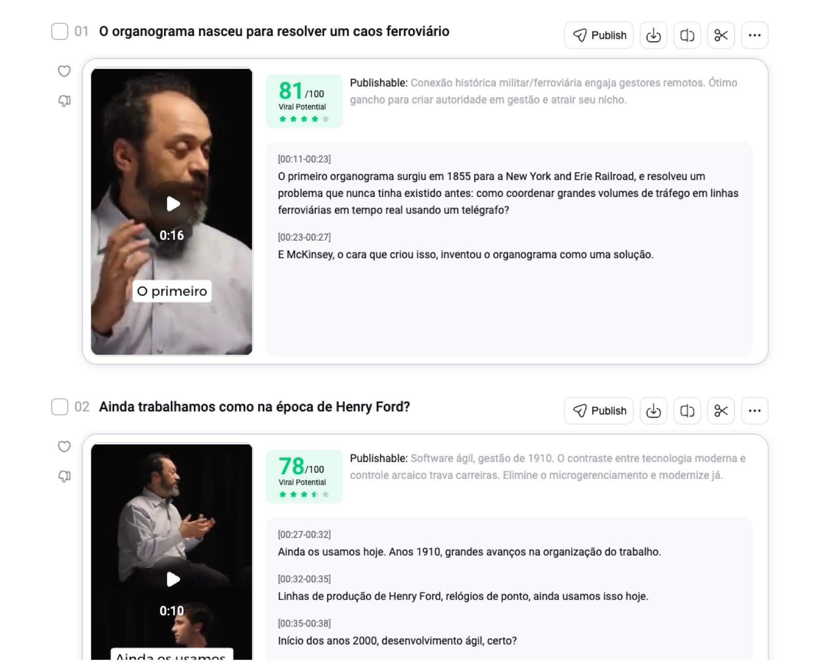 Lista de shorts gerados pelo FlexClip, com títulos, transcrição, nota de potencial e botões de publicação e download